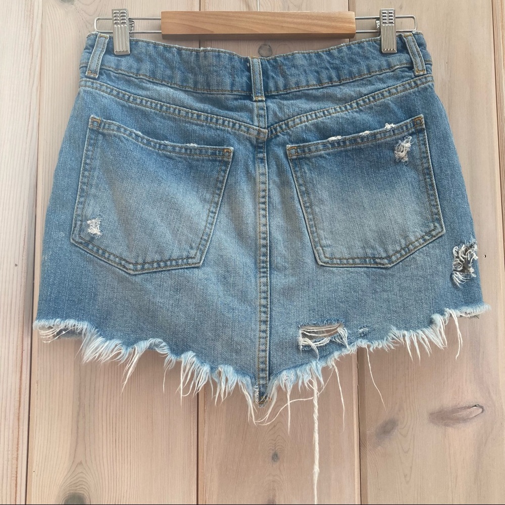 Free People Wild Rose Distressed Floral Embroidered Studded Denim Mini Skirt - Picture 10 of 12